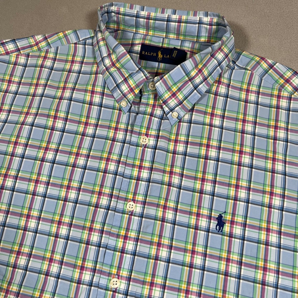 Ralph Lauren Shirt Mens XXL Plaid Short Sleeve Button Down Blue Green Cotton
